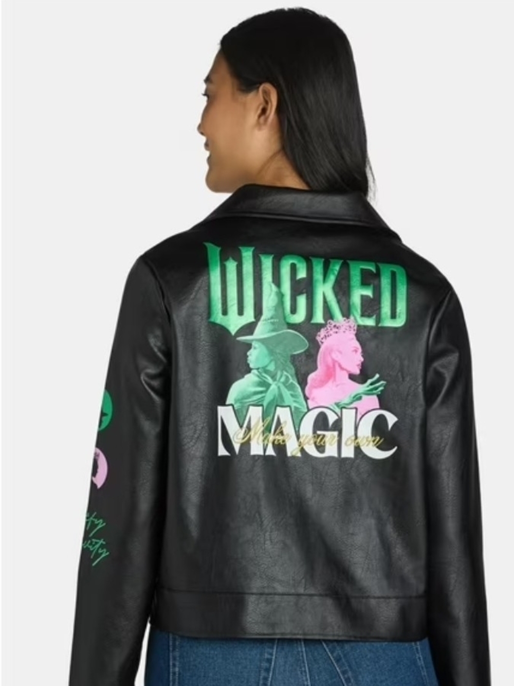 Black Faux Leather Graphic 'Wicked Magic' Jacket